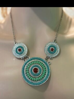 Statement Beaded Mandala Necklace with Turquoise & Red Accents